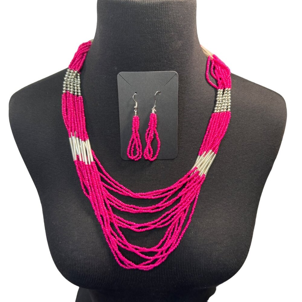Several Strand Pink Beaded Necklace & Earring Set